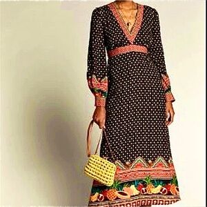 Anthropologie Farm Rio Black and orange Long Sleeve Dress L